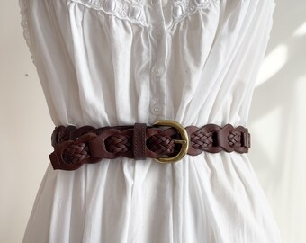 brown braided leather belt 90s vintage brown woven leather statement belt