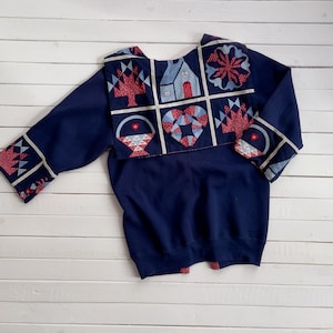 patchwork sweater 80s 90s vintage navy blue red farmhouse folk art cardigan image 1