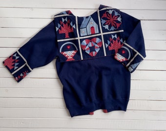 patchwork sweater 80s 90s vintage navy blue red farmhouse folk art cardigan