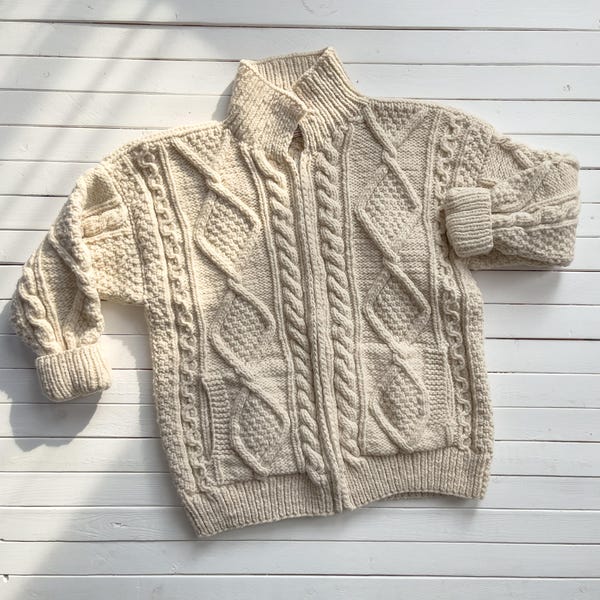 cream wool sweater 90s vintage World of Wool heavy chunky fisherman's cardigan
