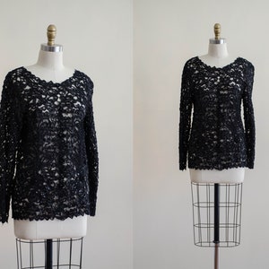 sheer black lace blouse | 90s see through floral ribbon lace gothic vintage blouse