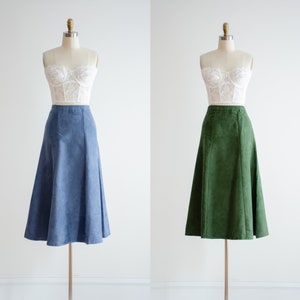 vegan suede midi skirt 90s vintage dark green blue microsuede faux leather fit and flare skirt