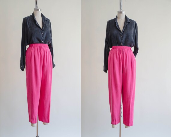 hot pink silk trousers | high waisted silk pants