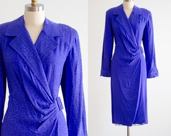 blue silk dress 80s vintage Liz Claiborne long sleeve jacquard wrap dress