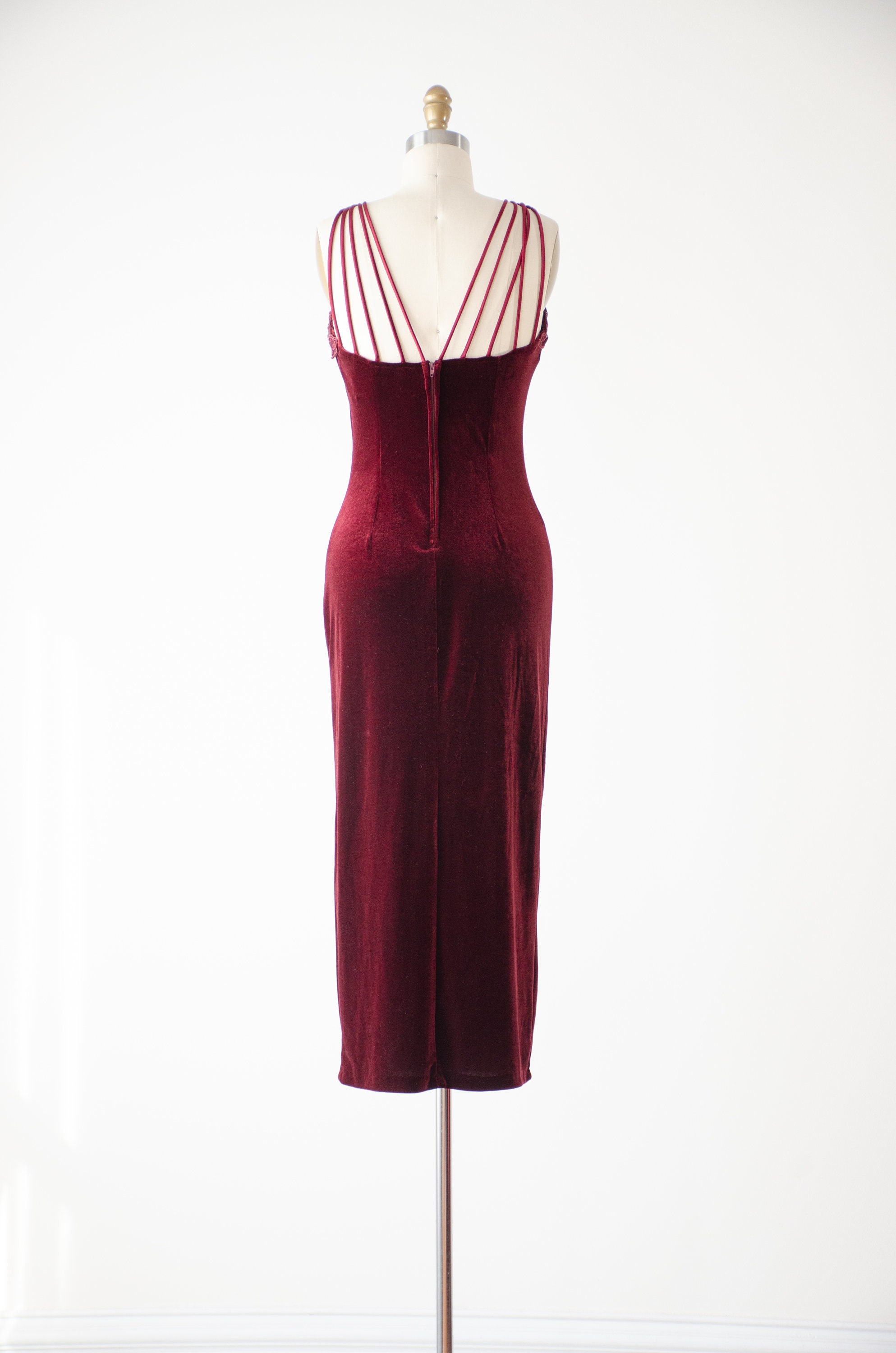 Red Velvet Dress 90s Vtg Burgundy Low Back Sheer Mesh Tight Velvet Gown