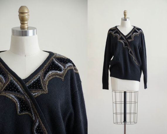 Size L Vintage Lord and Taylor Black Angora-Blend Beaded Sweater