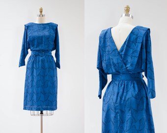 low back dress | 80s vintage bright blue leaf pattern romantic cute cottagecore knee length dress