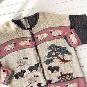 cute cottagecore sweater 90s vintage cream pink gray sheep farm knit cardigan image 3