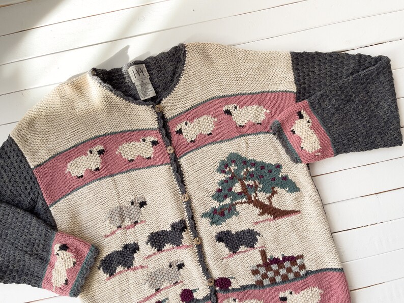 cute cottagecore sweater 90s vintage cream pink gray sheep farm knit cardigan image 3