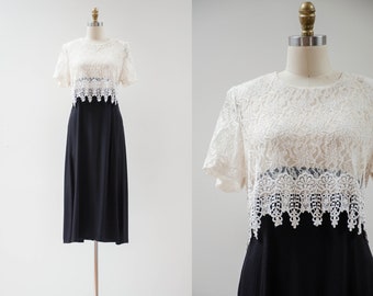 lace midi dress 80s 90s vintage Jeffrey & Dara black white lace overlay long flowy dress