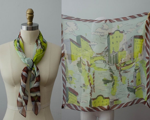 1940s silk scarf | Venice novelty print scarf | Gl