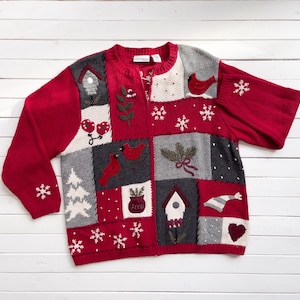 vtg Croft & Barrow winter cardinal bird snow cardigan sweater size 1X