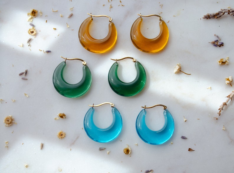 acrylic hoop earrings, large colorful hoop earrings, mustard yellow forest green big transparent clear statement hoop earrings image 1