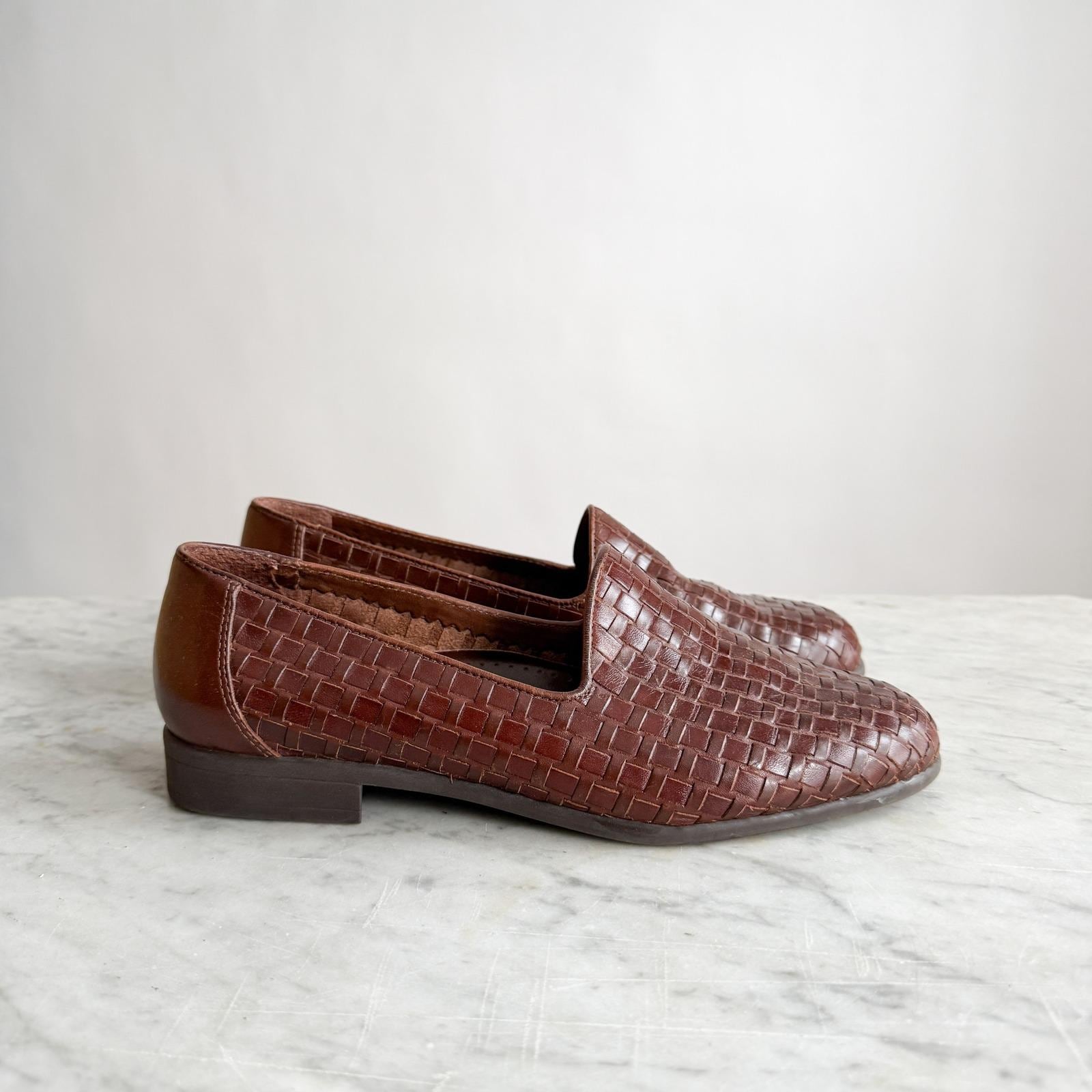 Bass 90s Vtg Brown Woven Leather Loafers Flats Shoes Women display picture 2