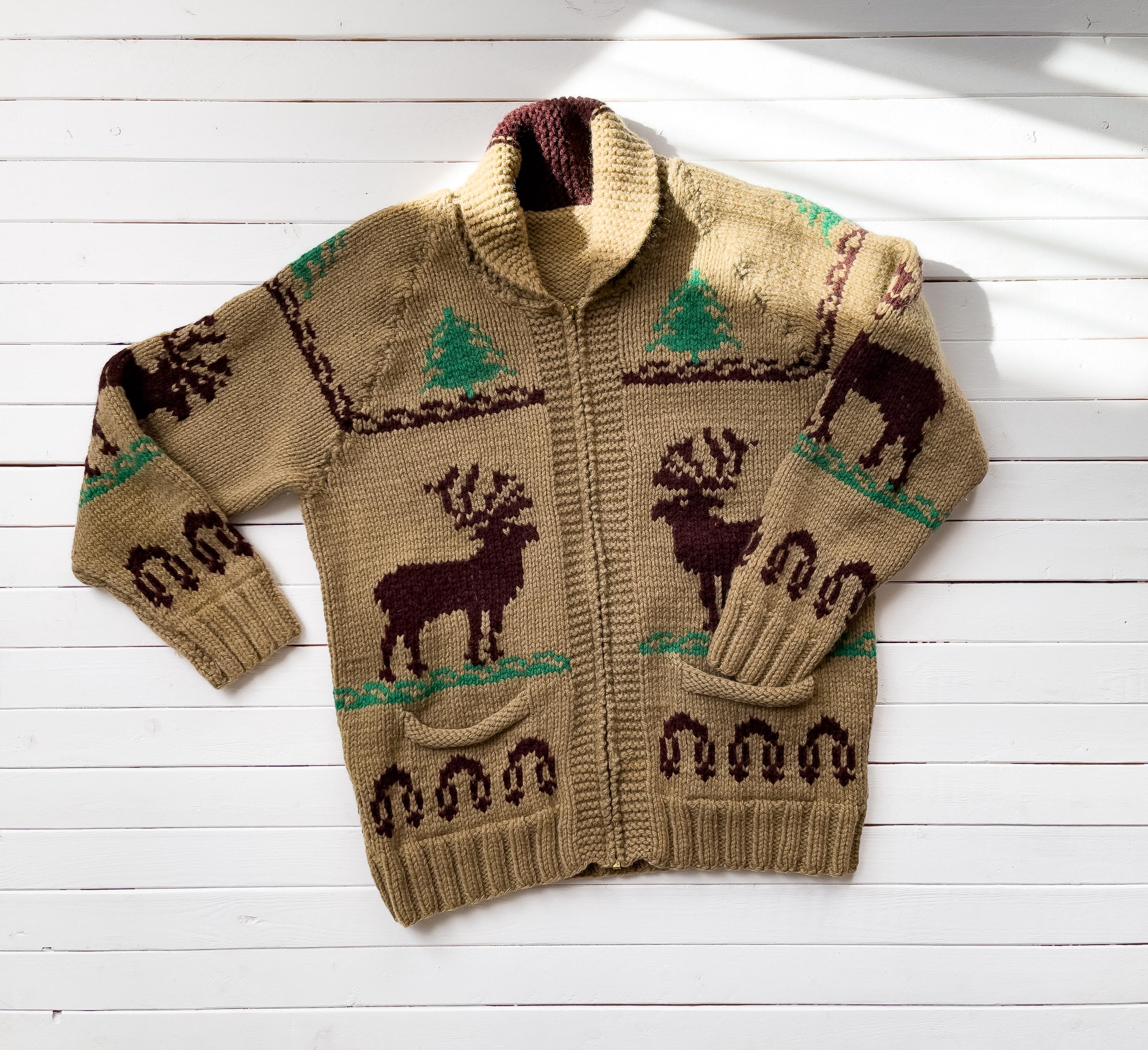 Wool Cowichan Sweater 60s 70s Vintage Deer Stag Brown Heavy Hand