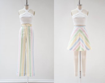 rainbow bellbottoms | 70s vintage high waisted pants mini skirt pastel striped wide leg boho hippie bell bottom flare pants