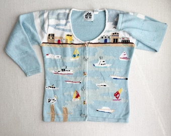 Cardigan lavorato a mano con stampa di novità in stile marinaro di Storybook Knits vintage S