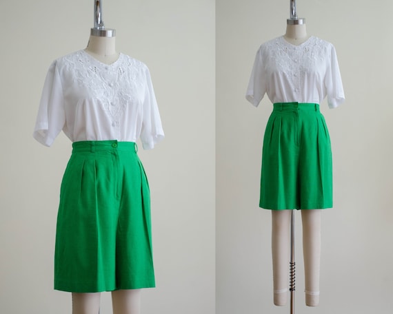 high waisted shorts | green linen blend shorts