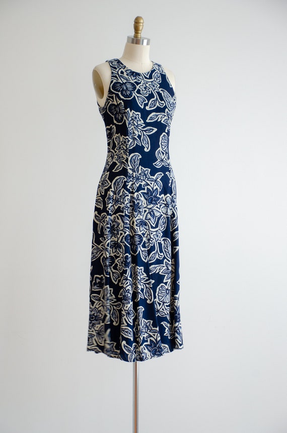 navy midi dress 90s vintage dark blue batik flora… - image 4