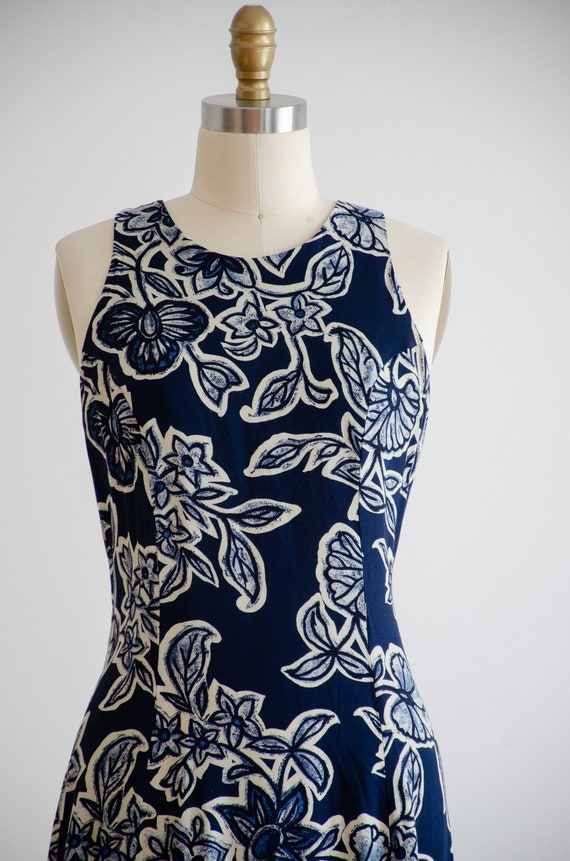 navy midi dress 90s vintage dark blue batik flora… - image 2