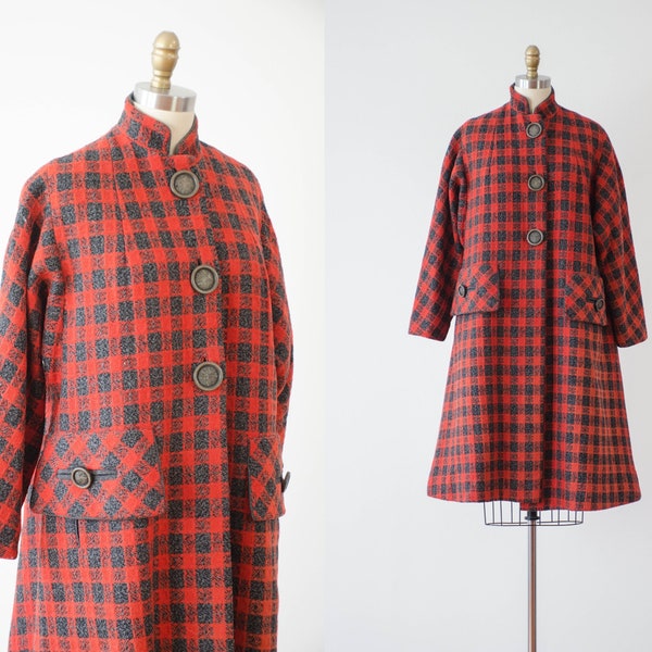 red plaid wool coat | 50s 60s plus size vintage red gray black buffalo plaid heavy warm woven wool high collar swing coat