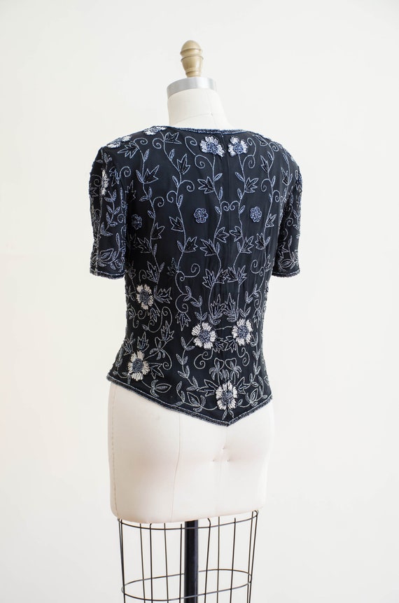 black beaded top | 80s vintage black floral silk … - image 9