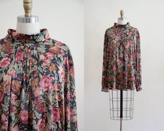 black floral tunic | shimmery floral blouse
