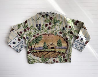 Chaqueta vintage de tapiz tejido estilo cottagecore con diseño de granja de bayas de Sugar Street Weavers