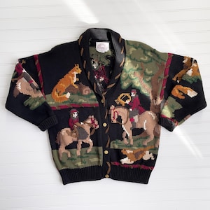 キツネ狩りセーター 80年代 90年代 ヴィンテージ Traditional Trading Co. 犬 馬 ノベルティ プリント カーディガン セーター