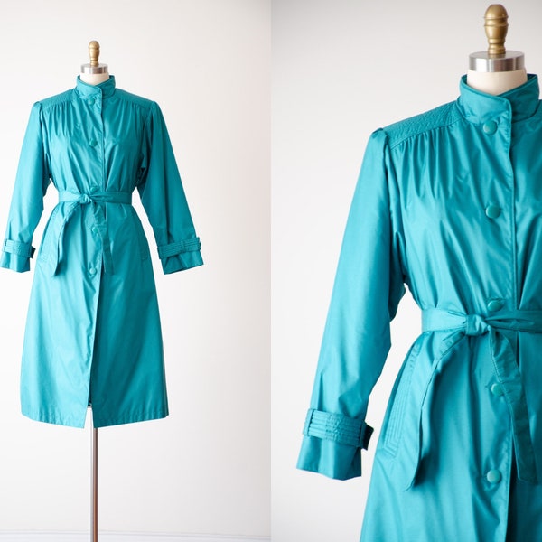 trench-coat vert | Veste de pluie imperméable vintage années 80 bleu sarcelle avec ceinture