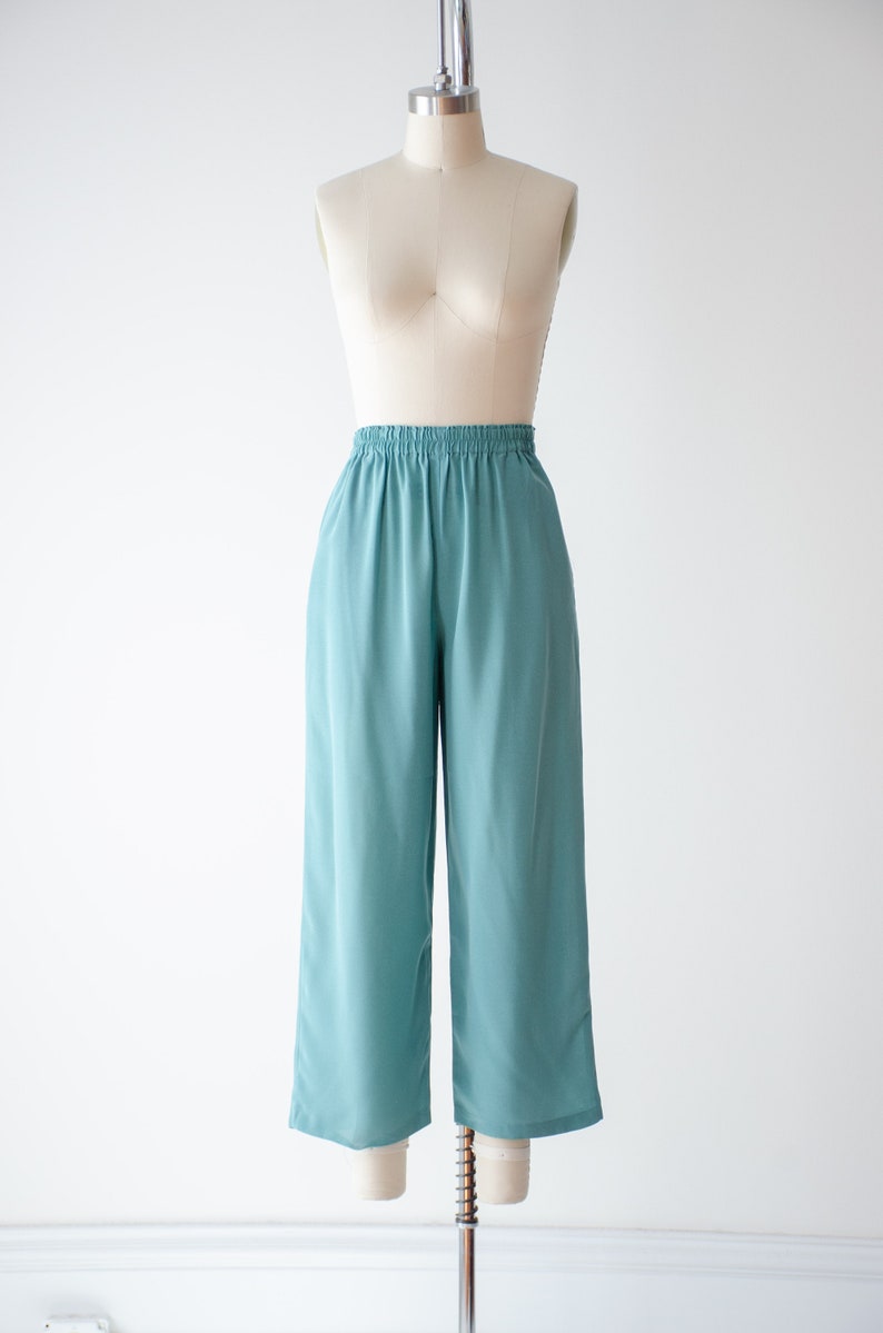 wide leg suit 90s vintage robin's egg blue green high waisted pants pleated cropped trousers blouse set 画像 2