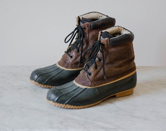 men's vintage duck boots | 80s 90s vintage Woodsman Thinsulate leather rubber outdoor hunting waterproof boots size 10