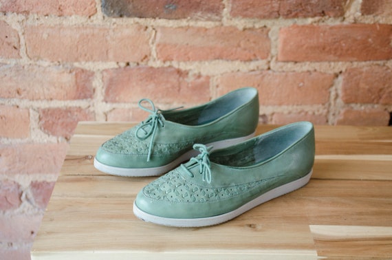 green leather flats | 70s 80s vintage turquoise a… - image 4