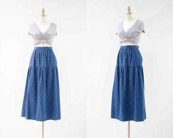 tiered jean skirt | 80s 90s vintage prairie cottagecore style long denim ankle maxi skirt