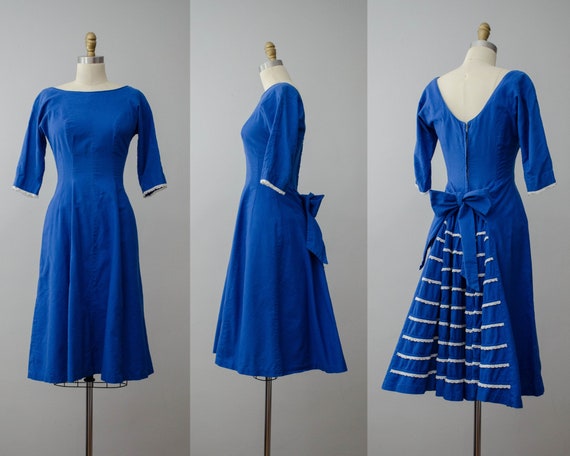 1950s dress | blue bustle dress | fit and flare dr
