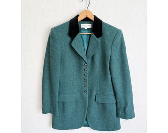 Jones New York Wool Blazer Vintage Teal Herringbone Velvet Collar 6 Green Jacket