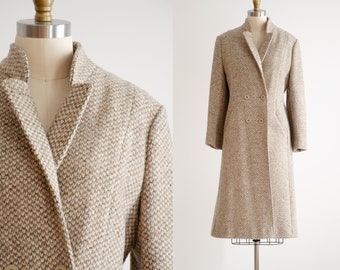 brown wool coat 70s 80s vintage tan gray cream houndstooth heavy winter coat