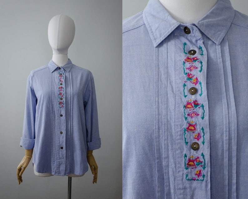 blue cotton blouse novelty embroidered blouse