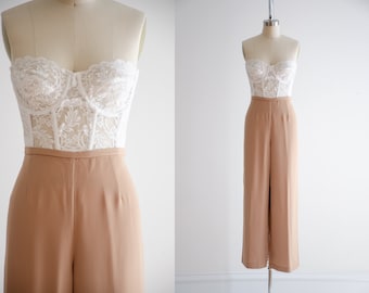 beige wide leg pants | 90s y2k vintage light brown tan chiffon high waisted pants