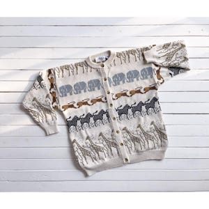 vtg Jayson Younger safari animal hand knit cotton cardigan sweater