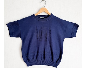 Vintage Navy Blue Short Sleeve Knit Sweater Embossed Crest Crew Neck Navy Blue