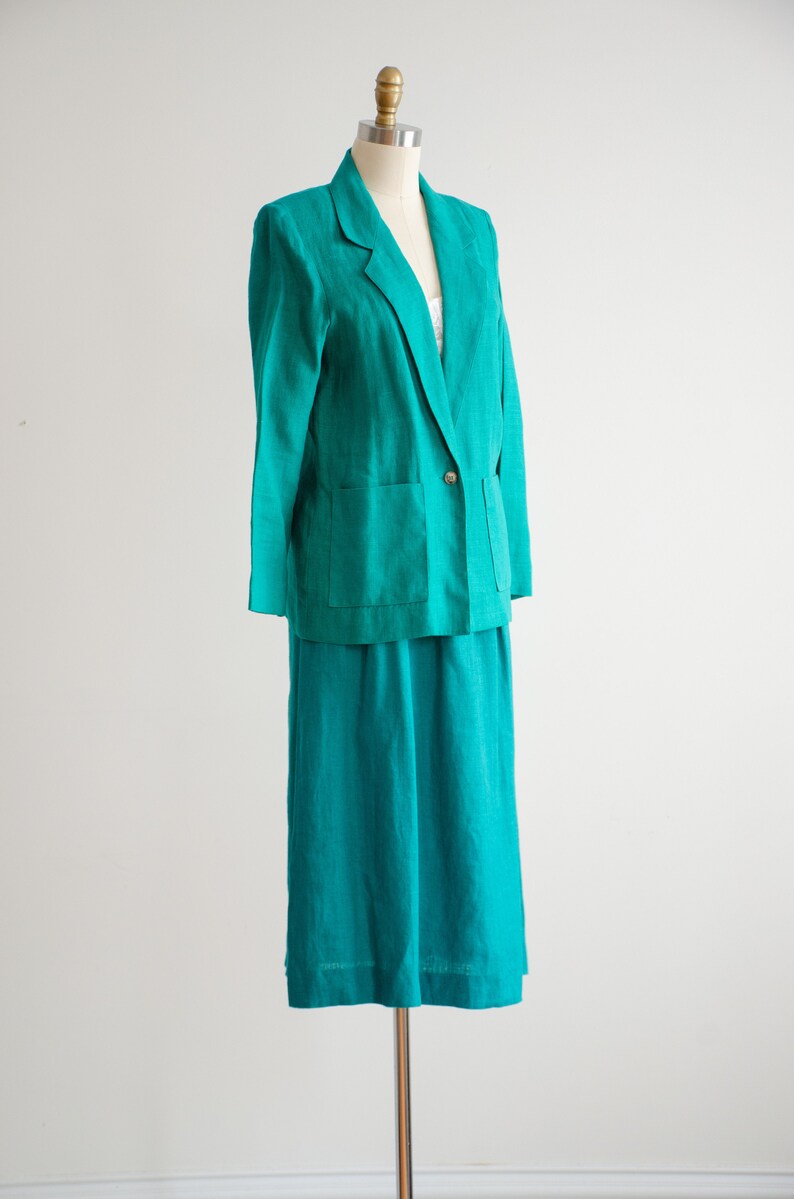 green linen suit 80s vintage David Brooks pleated midi skirt suit image 6