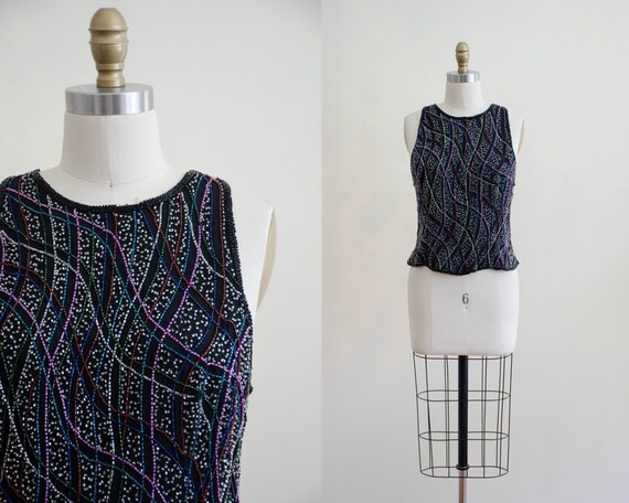black beaded top | rainbow beaded shirt