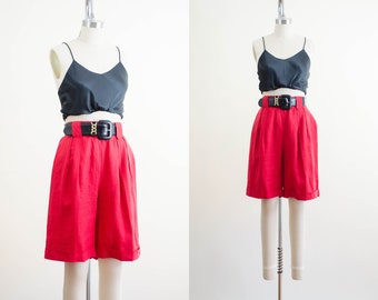 high waisted shorts | 80s vintage red linen shorts