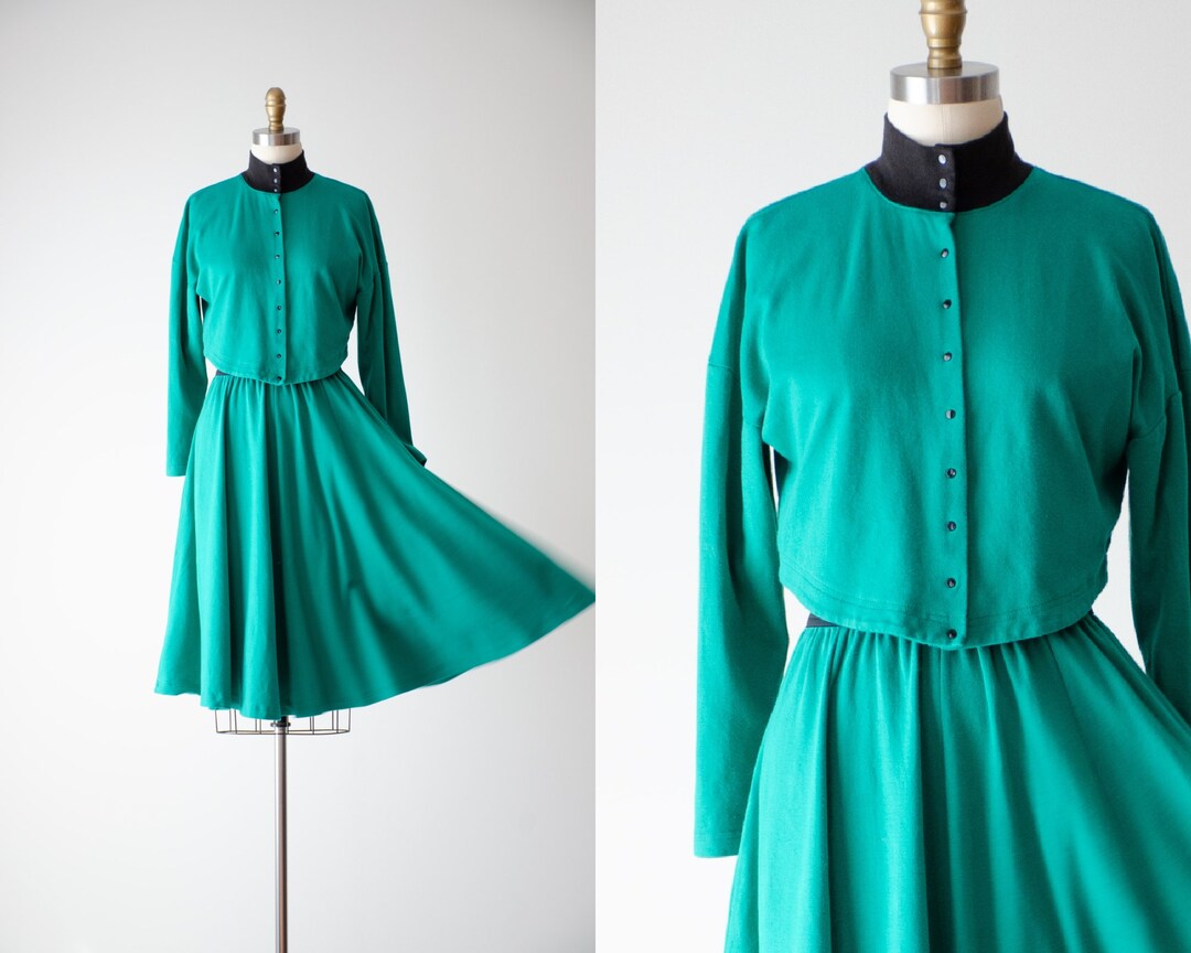 Green Knit Skirt Set 80s Vintage Linda Lewis Kelly Green Cotton Jersey