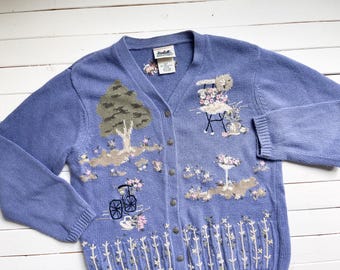 cottagecore sweater 90s vintage Northern Reflections blue garden bike floral cardigan