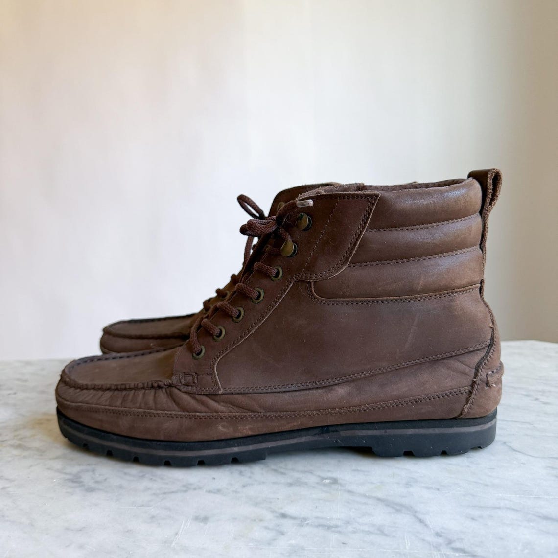 Trackers Mens Vintage Brown Leather Moc Toe Lace Up Hiking Work Boots, foto 4 di 5