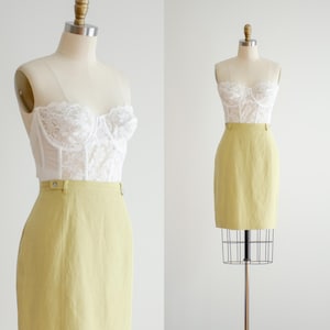 green mini skirt 90s y2k vtg Ann Pinkerton pastel green yellow linen silk skirt