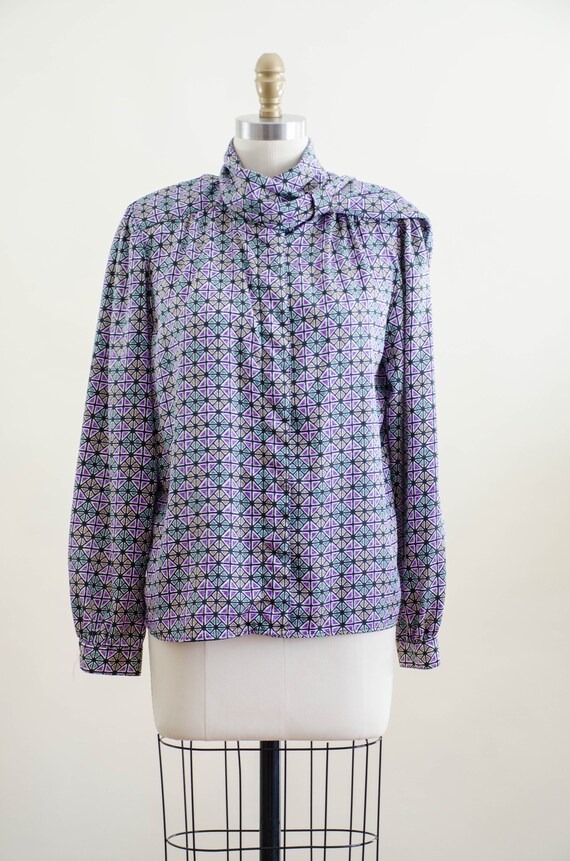 80s ascot blouse | vintage purple green orange st… - image 2