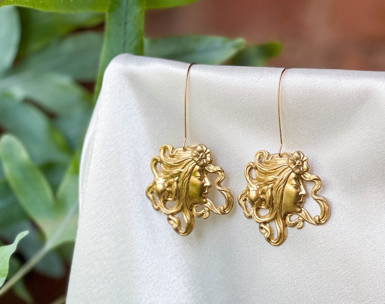 Victorian Art Nouveau earrings, vintage antique brass Mucha earrings, gold female face earrings, cottagecore dark academia handmade jewelry image 2